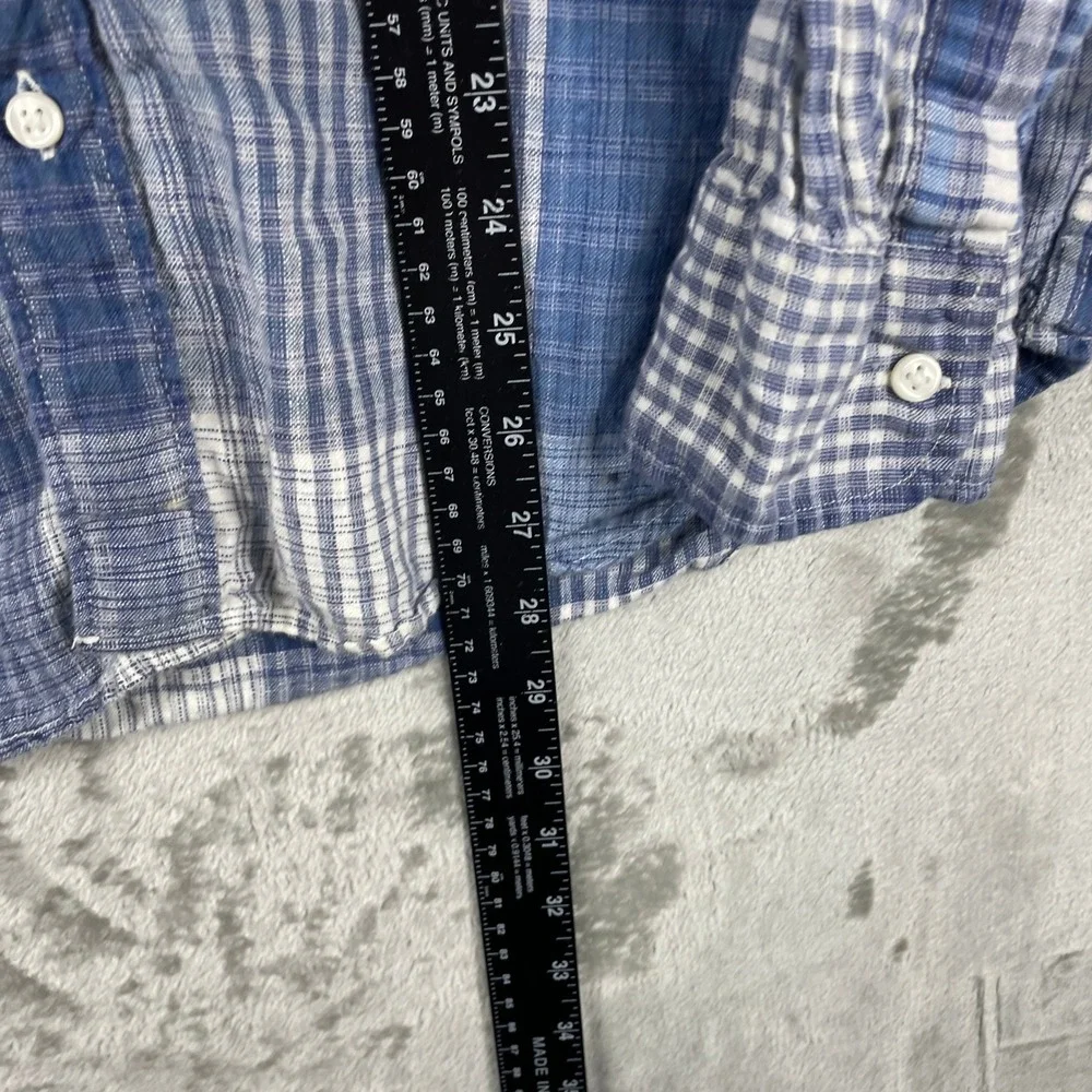 J. Crew Button Down Shirt Mens M Blue Plaid Slim Fit 100% Linen Long Sleeve